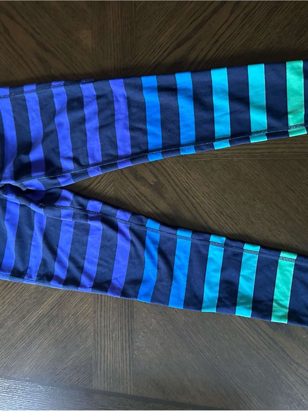 Athleta Navy Leggings with Blue & Teal Stripes